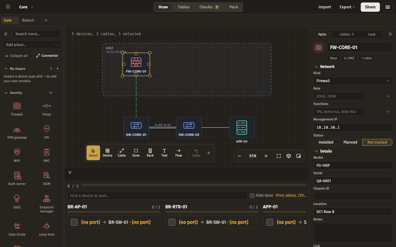 Cabling desk — the editor with this layout, dark theme