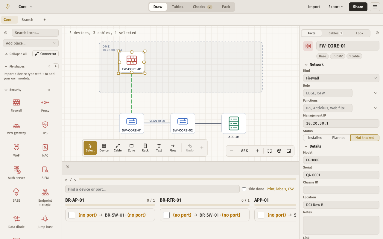 Cabling desk — the editor with this layout, light theme