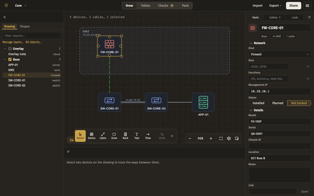 Site survey — the editor with this layout, dark theme