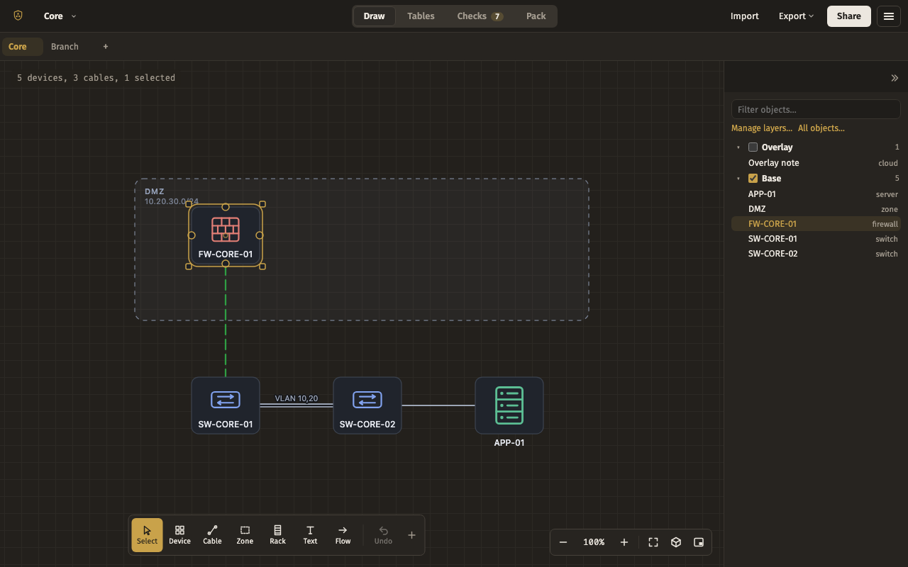 Walkthrough — the editor with this layout, dark theme